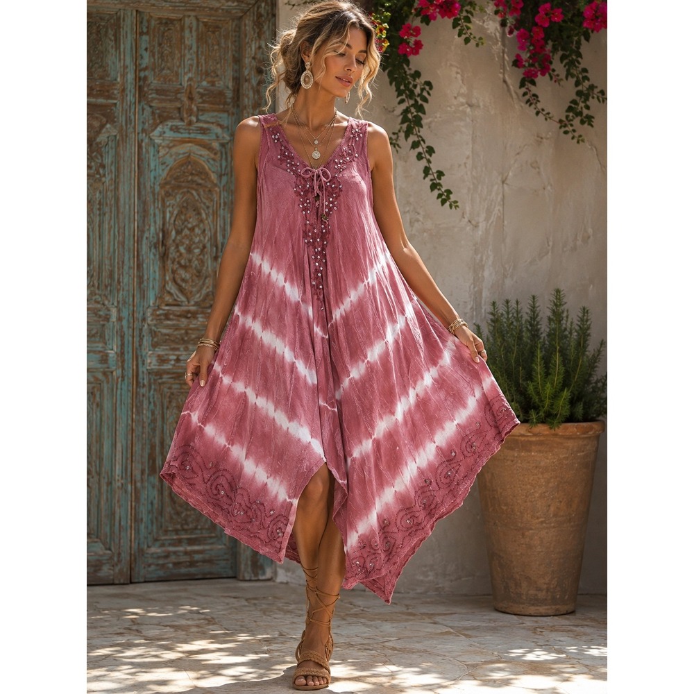 Riviera Sun Pink Tie Dye Handkerchief Hem Tunic Top Sequin Embroidered XL 21805